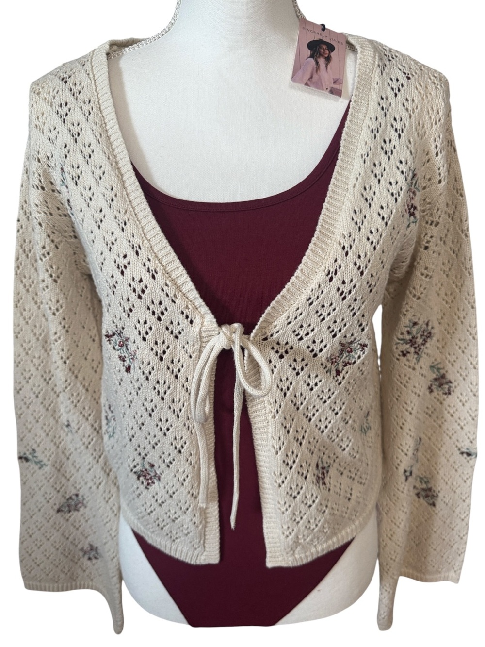 🆕 Set Sincerely Jules Embroidered Tie Front Cardigan & Body Suit ALL NWT Sz M/Lg